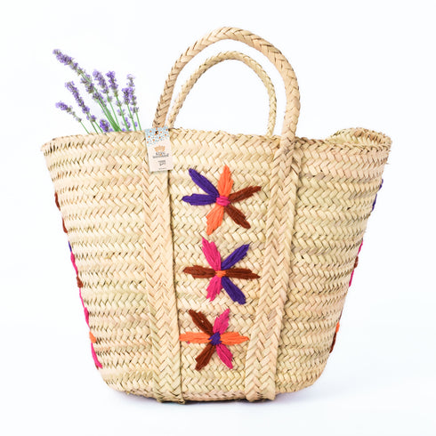 Large Bohemian Violet Stars - Embroidered Straw Basket Market Tote
